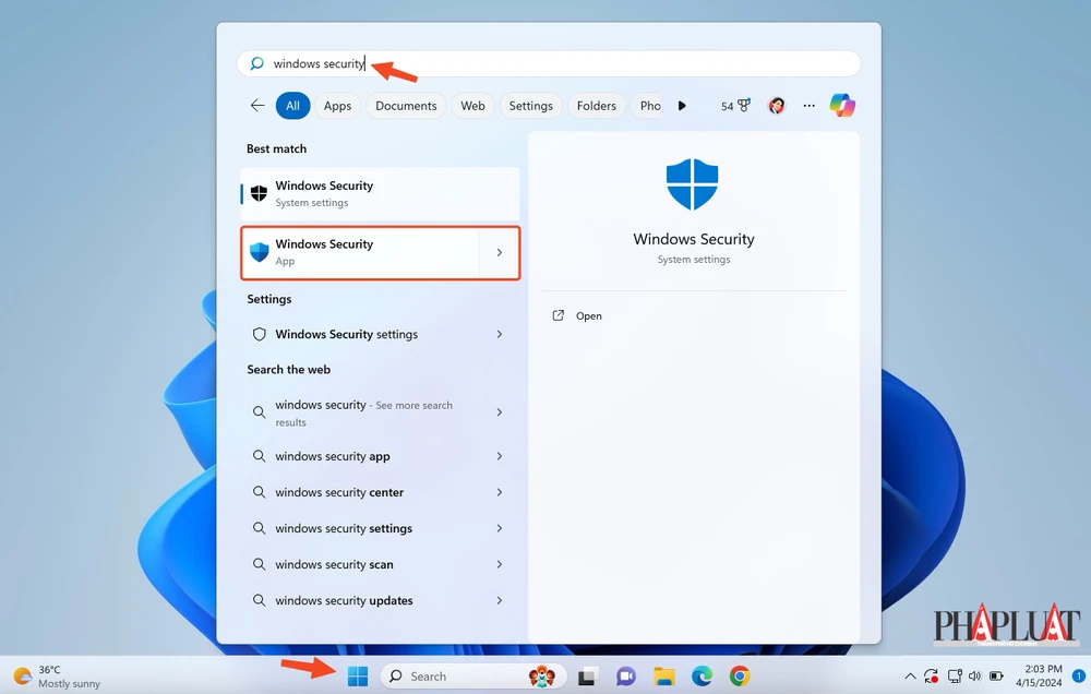 Mở ứng dụng Windows Security trên Windows. Ảnh: TIỂU MINH