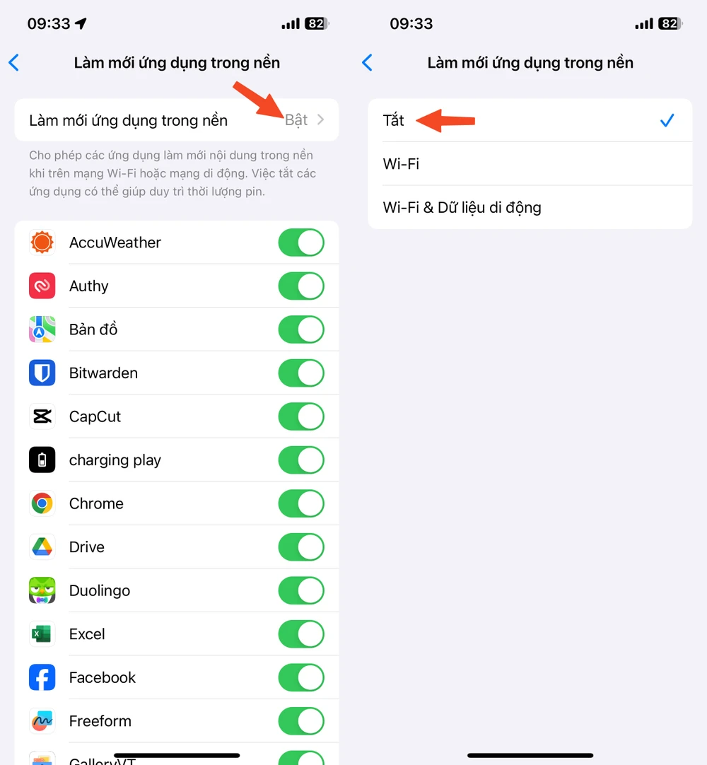 Tắt cài đặt Background App Refresh (làm mới ứng dụng trong nền) để tăng thời lượng pin cho iPhone. Ảnh: MINH HOÀNG