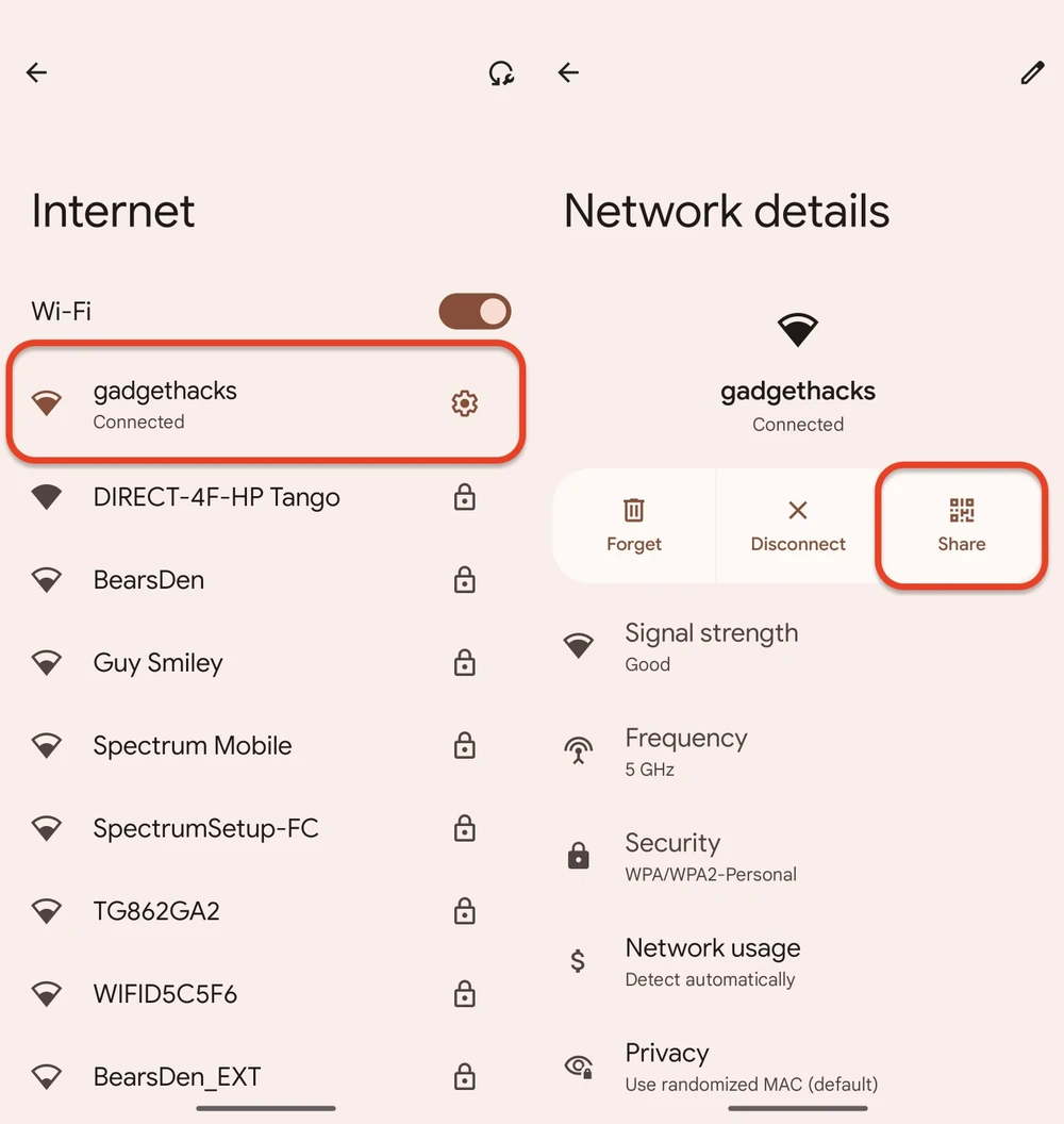 Sử dụng tính năng chia sẻ để xem lại mật khẩu WiFi trên Android.