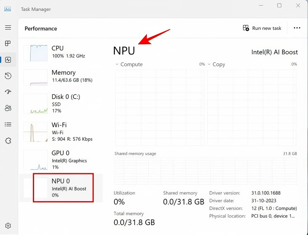 Mục NPU xuất hiện trong Task Manager nghĩa là máy tính có hỗ trợ AI. Ảnh: Dell