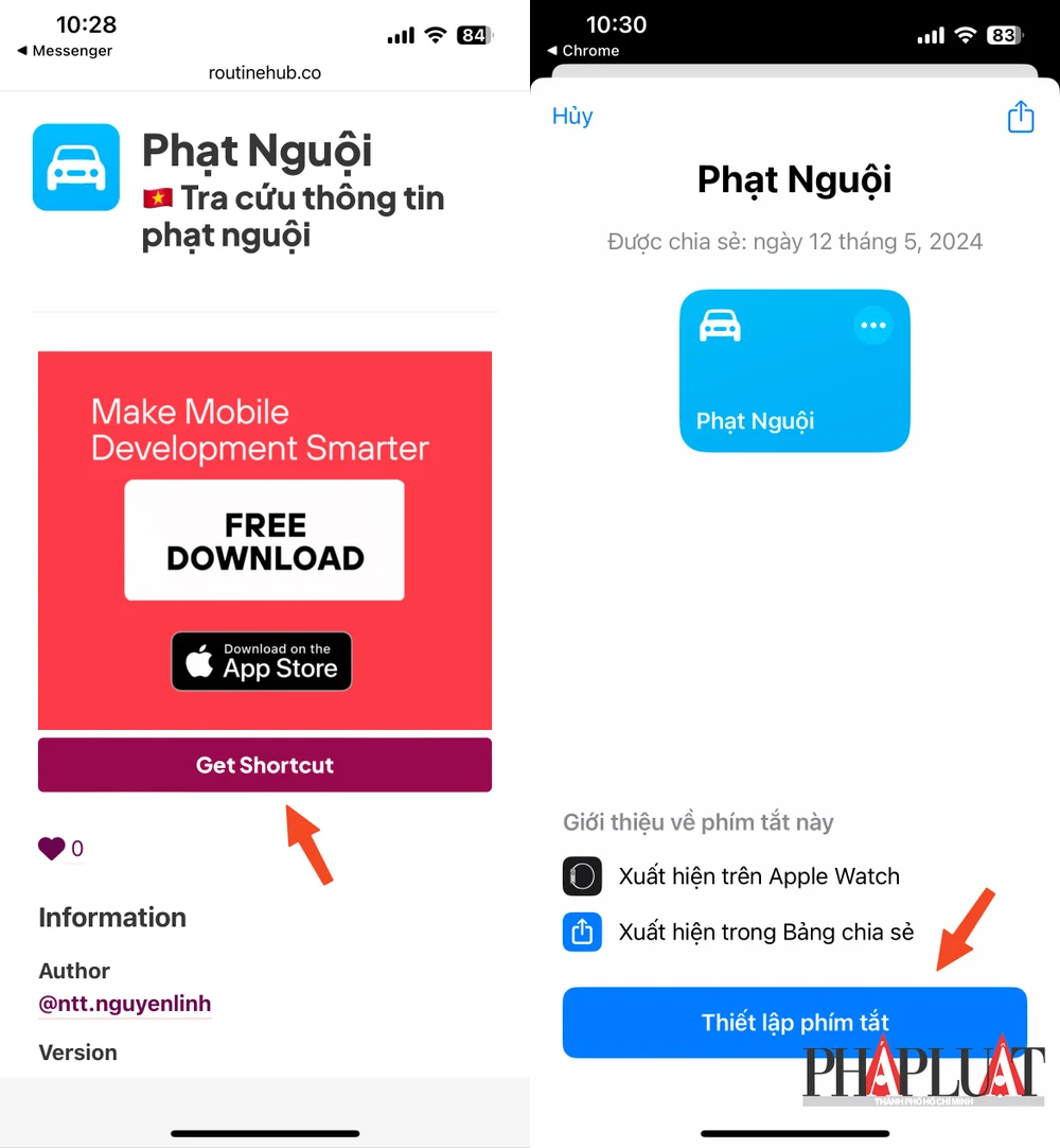 Thêm phím tắt Phạt Nguội vào ứng dụng Shortcut (phím tắt) trên iPhone. Ảnh: MINH HOÀNG
