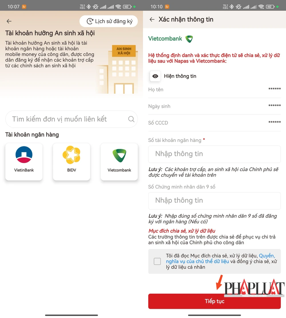 Liên kết tài khoản ngân hàng trong VNeID để nhận tiền an sinh xã hội online. Ảnh: MINH HOÀNG