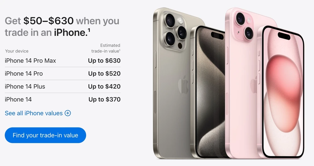 Bảng giá thu cũ đổi mới iPhone của Apple. Ảnh chụp màn hình