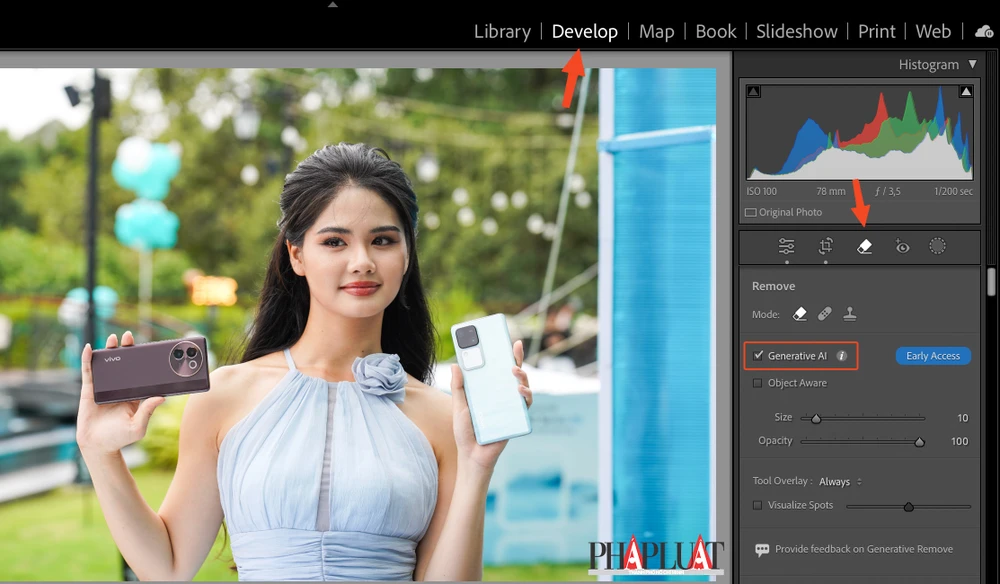 Xóa vật thể dư thừa bằng tính năng Generative Remove của Lightroom trên máy tính. Ảnh: MINH HOÀNG