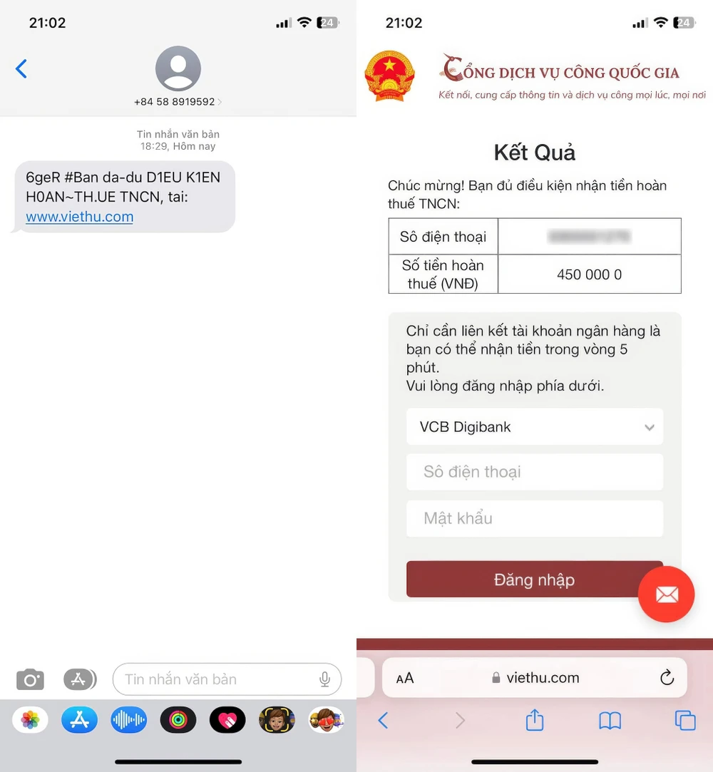 Tin nhắn lừa đảo liên quan đến việc hoàn thuế thu nhập cá nhân online. Ảnh: TIỂU MINH