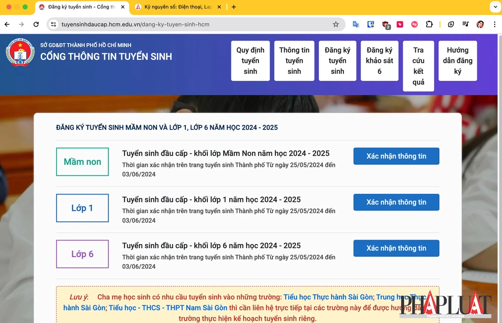 Chọn khối lớp cần đăng ký tuyển sinh. Ảnh: MINH HOÀNG
