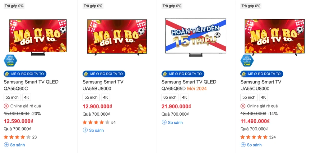 Nhiều mẫu tivi giảm giá mùa EURO 2024. Ảnh chụp màn hình
