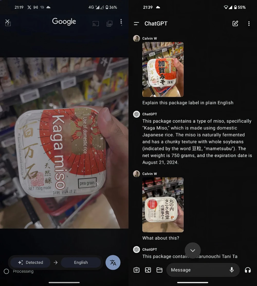 Google Dịch (trái) và ChatGPT (phải) dịch nội dung trên các sản phẩm có tiếng Nhật.