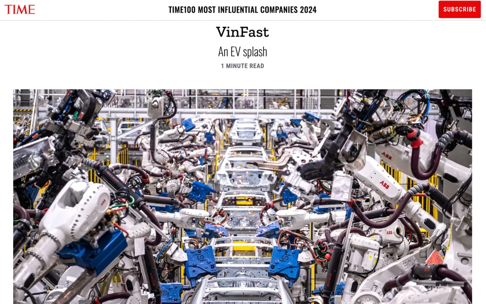 Hãng xe điện VinFast lọt top 100 công ty có tầm ảnh hưởng nhất thế giới. Ảnh chụp màn hình