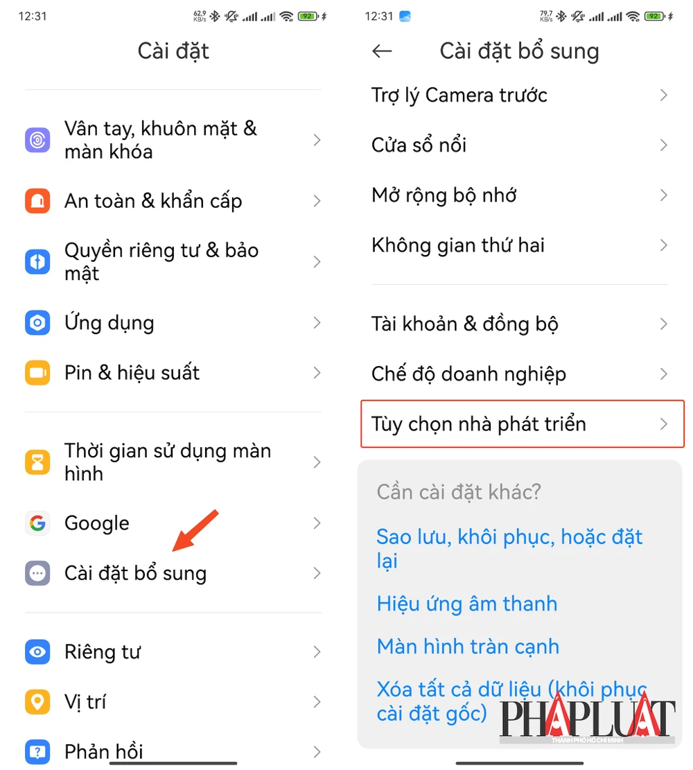 Tắt chế độ nhà phát triển trên điện thoại Android để chạy ứng dụng VNeID. Ảnh: TIỂU MINH