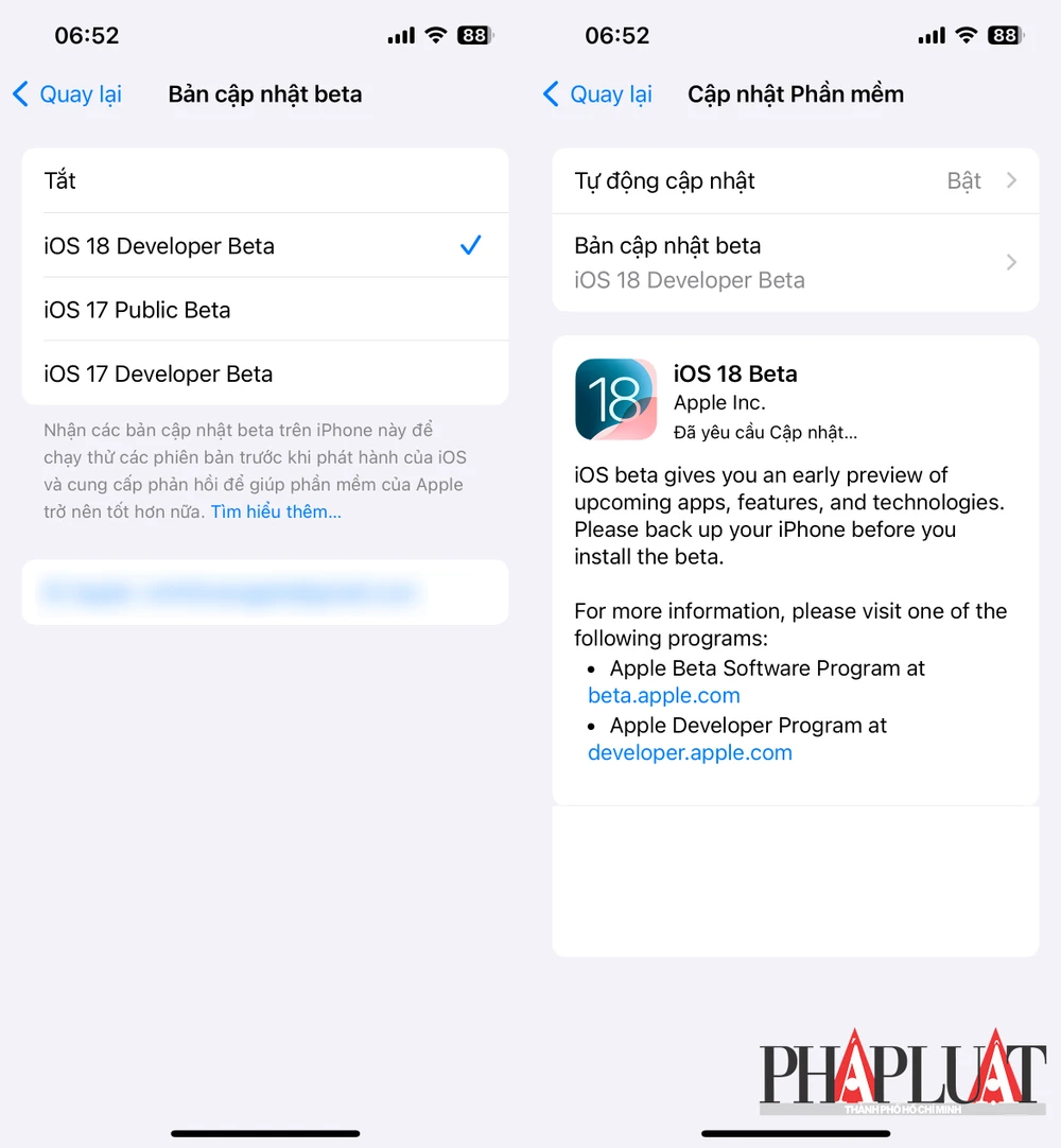 Cách cài đặt iOS 18 beta trên iPhone. Ảnh: TIỂU MINH