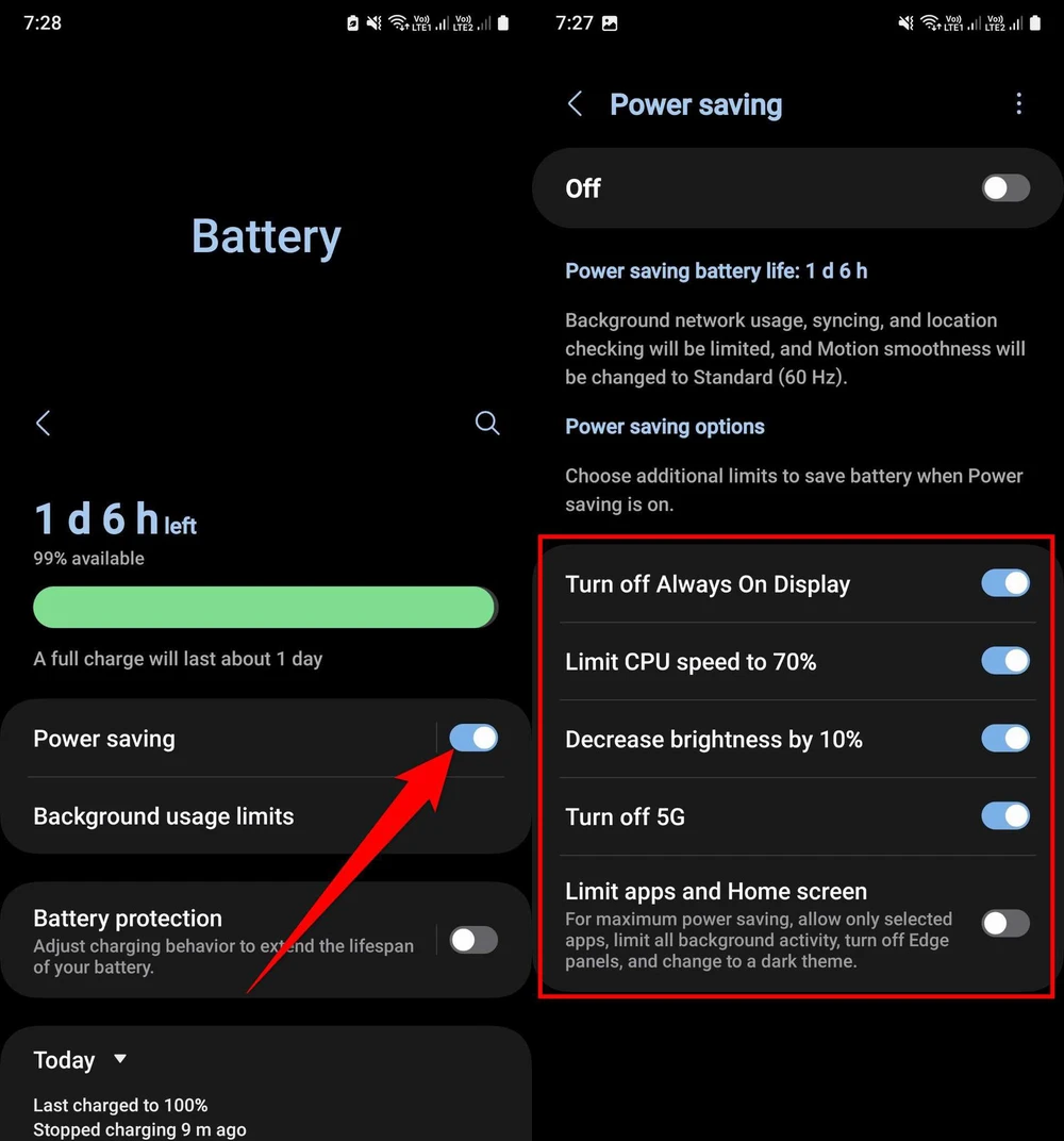 Bật Power saving mode trên điện thoại Samsung để tiết kiệm pin.