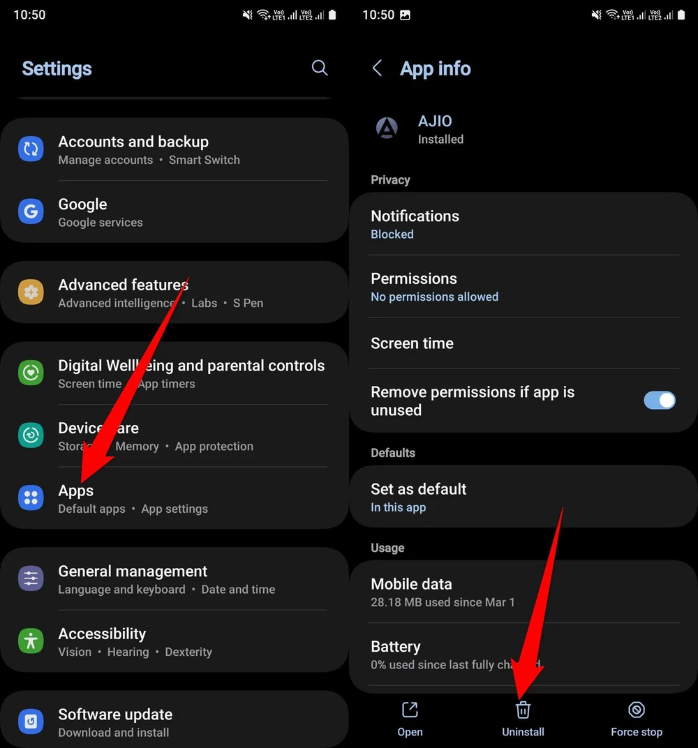 Gỡ cài đặt các ứng dụng ngốn pin trên điện thoại Samsung.