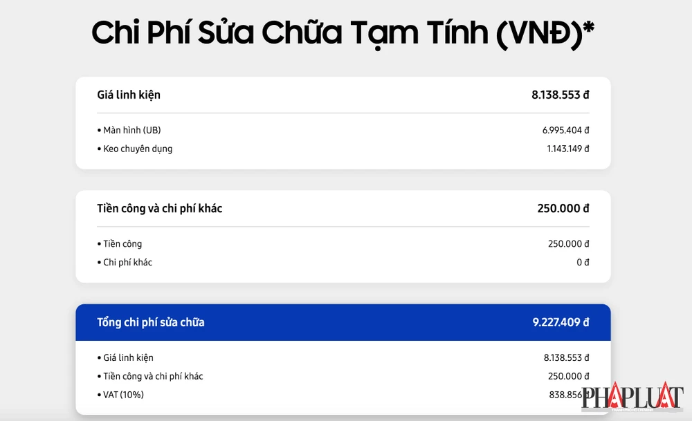 Giá sửa chữa màn hình điện thoại Samsung. Ảnh: TIỂU MINH