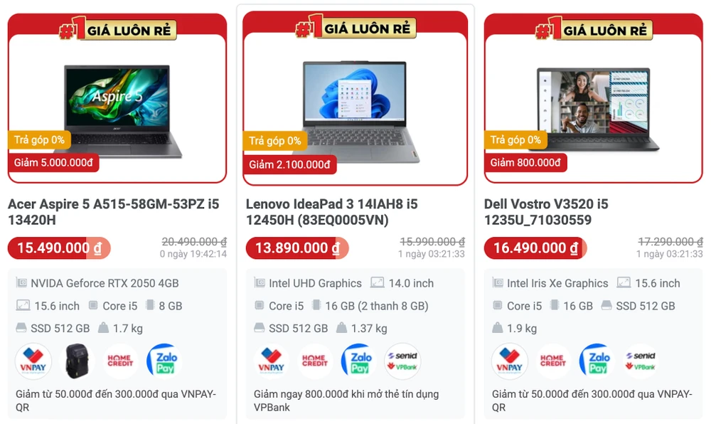 Nhiều mẫu laptop giảm giá mạnh dịp Back to school. Ảnh chụp màn hình