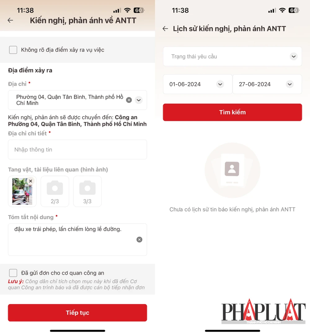 Phản ánh việc đậu xe trái phép bằng VNeID, cung cấp hình ảnh, thông tin địa điểm để vụ việc được xử lý nhanh hơn. Ảnh: MINH HOÀNG