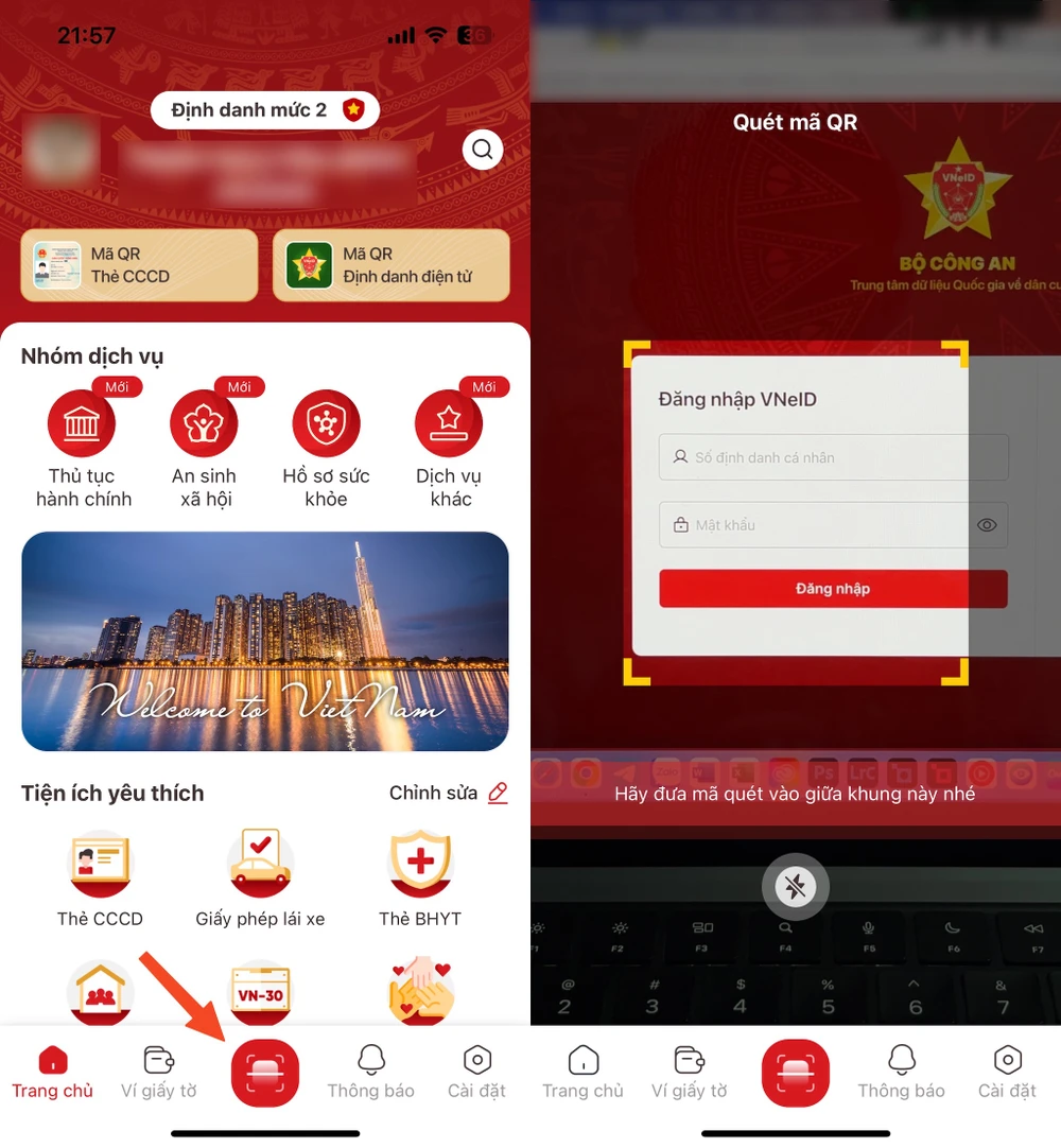 Sử dụng ứng dụng VNeID quét mã QR để đăng nhập Cổng Dịch vụ công quốc gia. Ảnh: TIỂU MINH