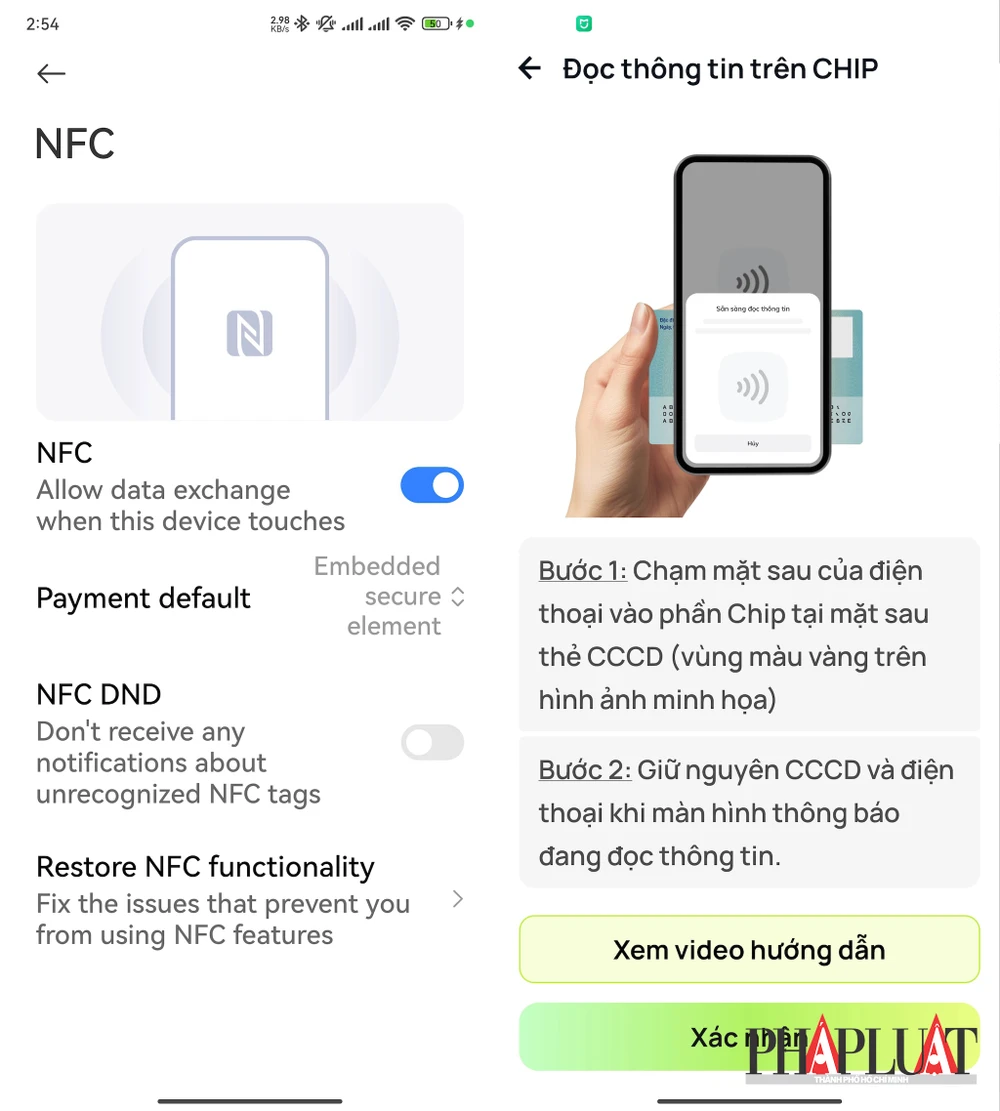 Bật NFC và quét con chip trên CCCD. Ảnh: MINH HOÀNG