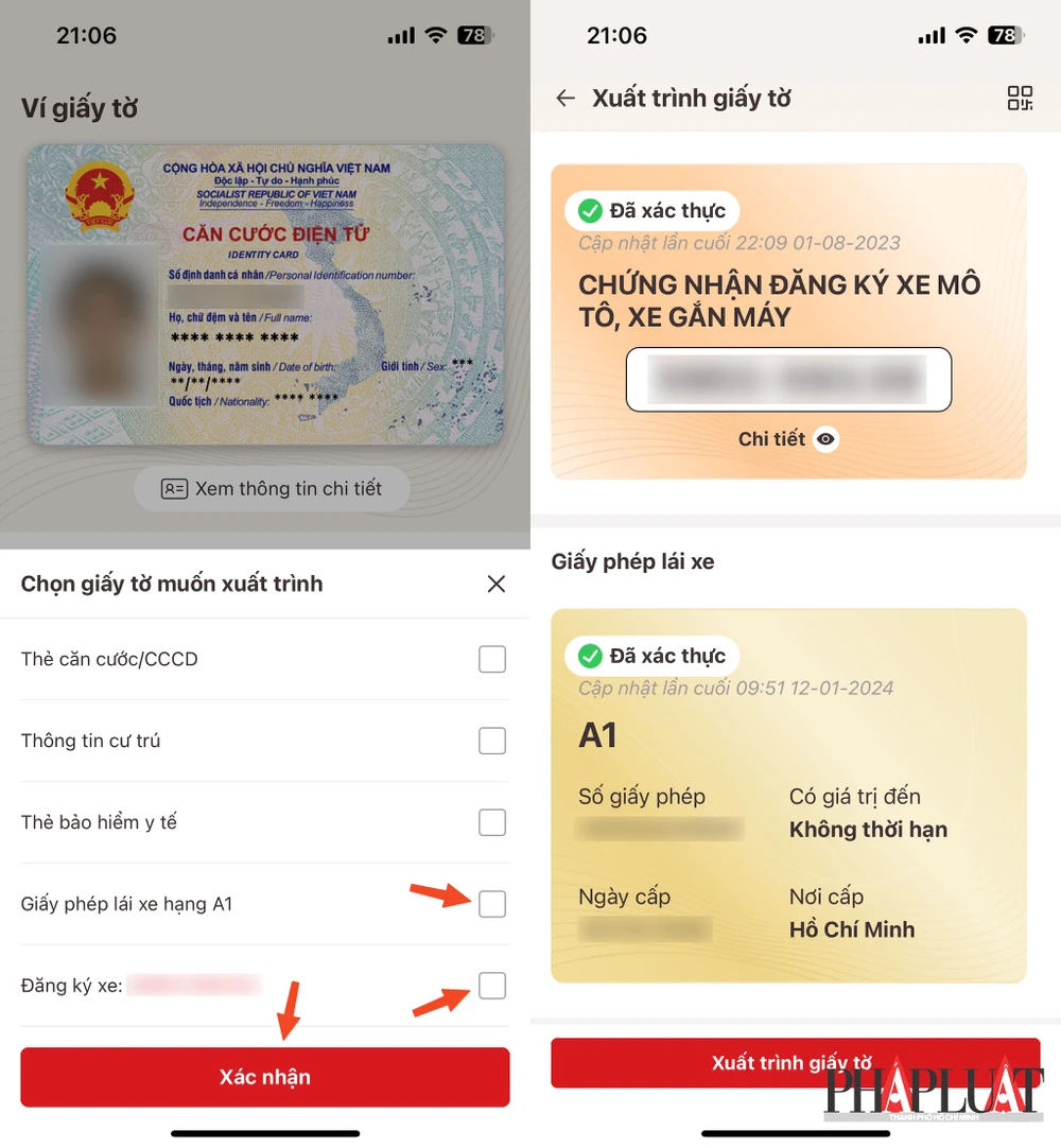 Cách xuất trình GPLX, giấy đăng ký trên ứng dụng VNeID. Ảnh: MINH HOÀNG