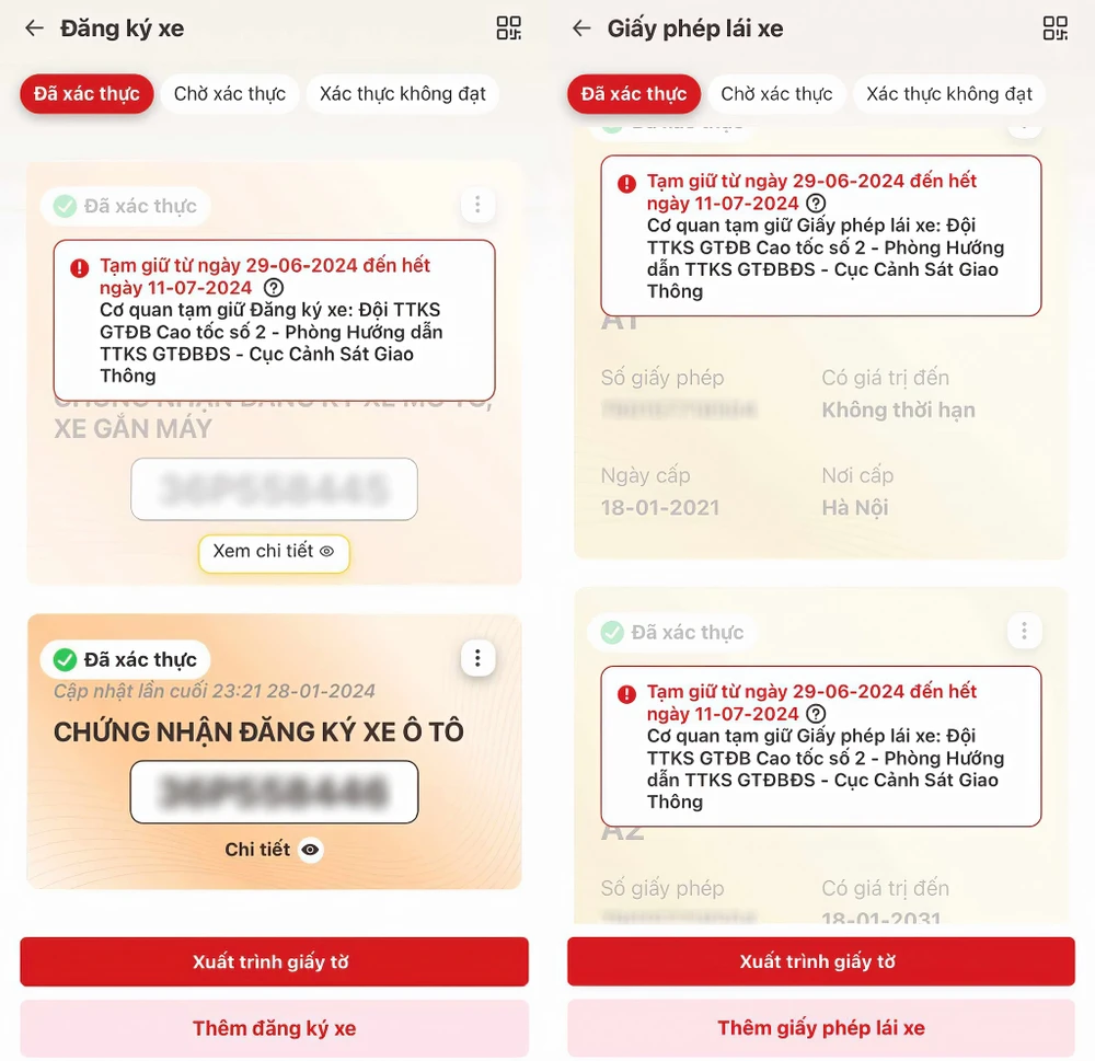 Từ ngày 1-7-2024, ứng dụng VNeID 2.1.7 sẽ hiển thị thông tin về tình trạng GPLX (tước, tạm giữ), giấy đăng ký xe (tạm giữ). Ảnh: Bộ Công an