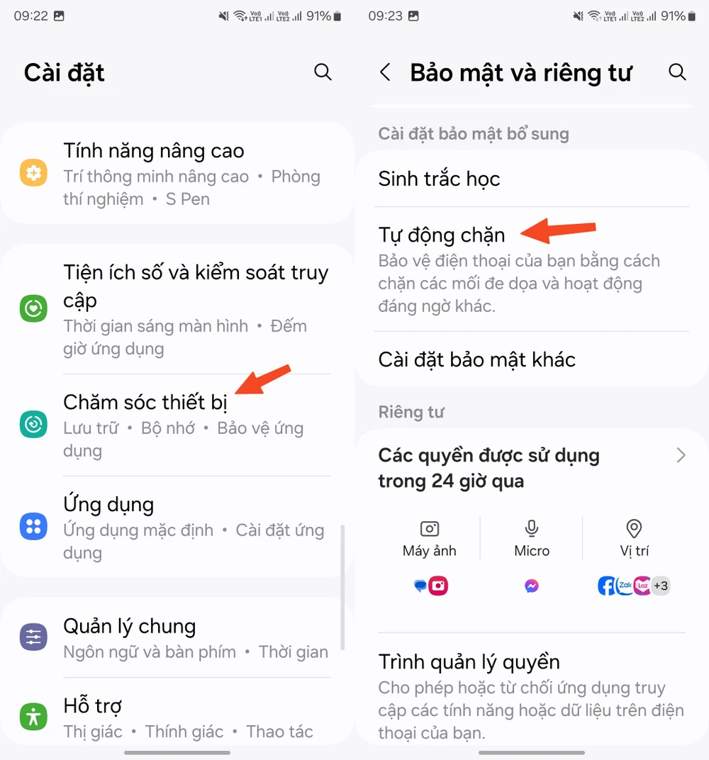 Cách bật tính năng Auto Blocker (tự động chặn) của One UI 6.1 trên điện thoại Samsung. Ảnh: MINH HOÀNG