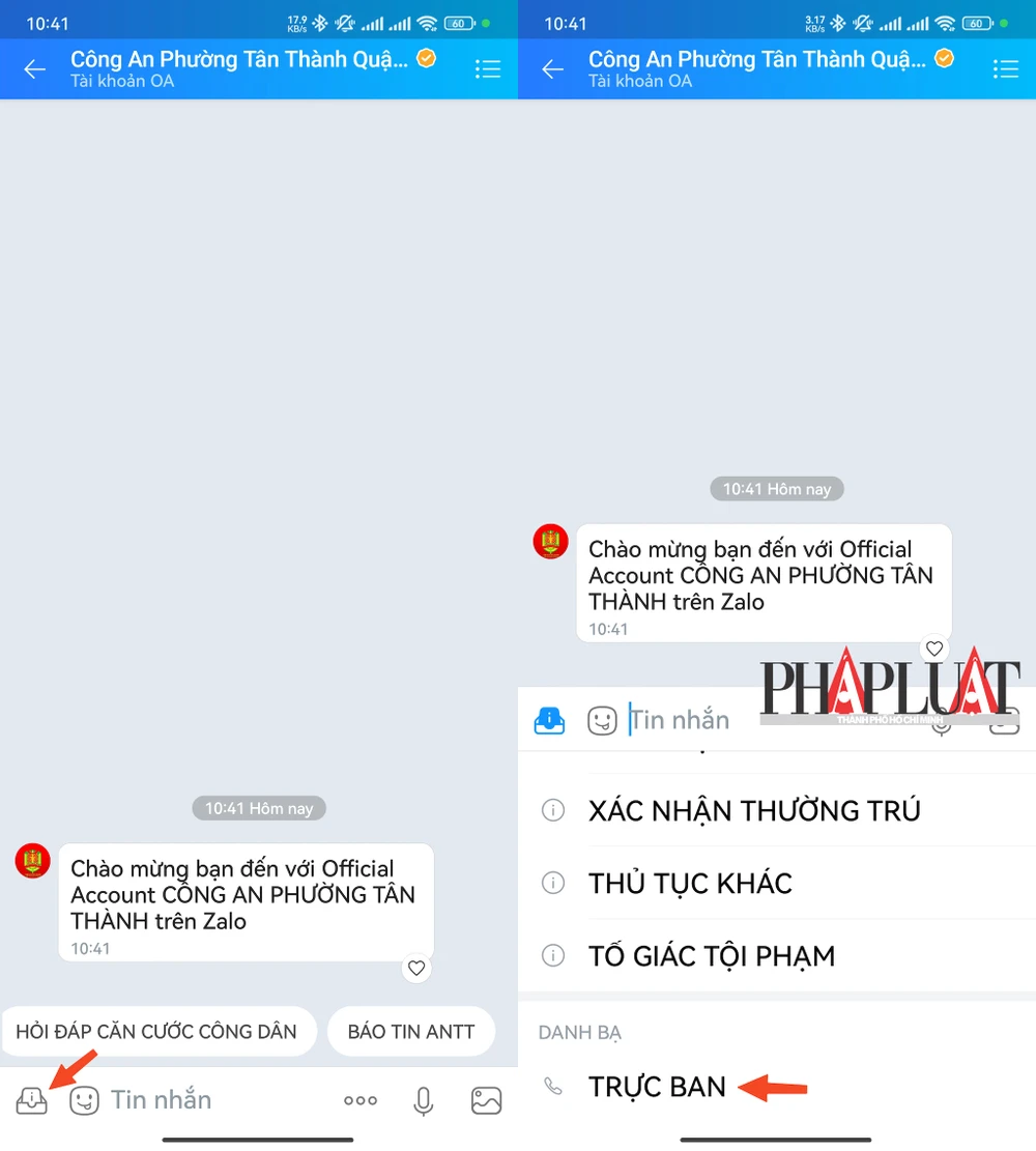 Tra cứu số điện thoại cảnh sát khu vực bằng Zalo. Ảnh: MINH HOÀNG