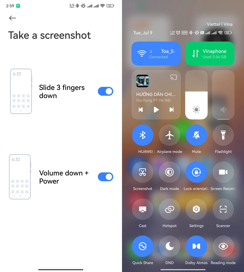 Chụp màn hình điện thoại trong phần cài đặt nhanh hoặc bằng ba ngón tay. Ảnh: MINH HOÀNG