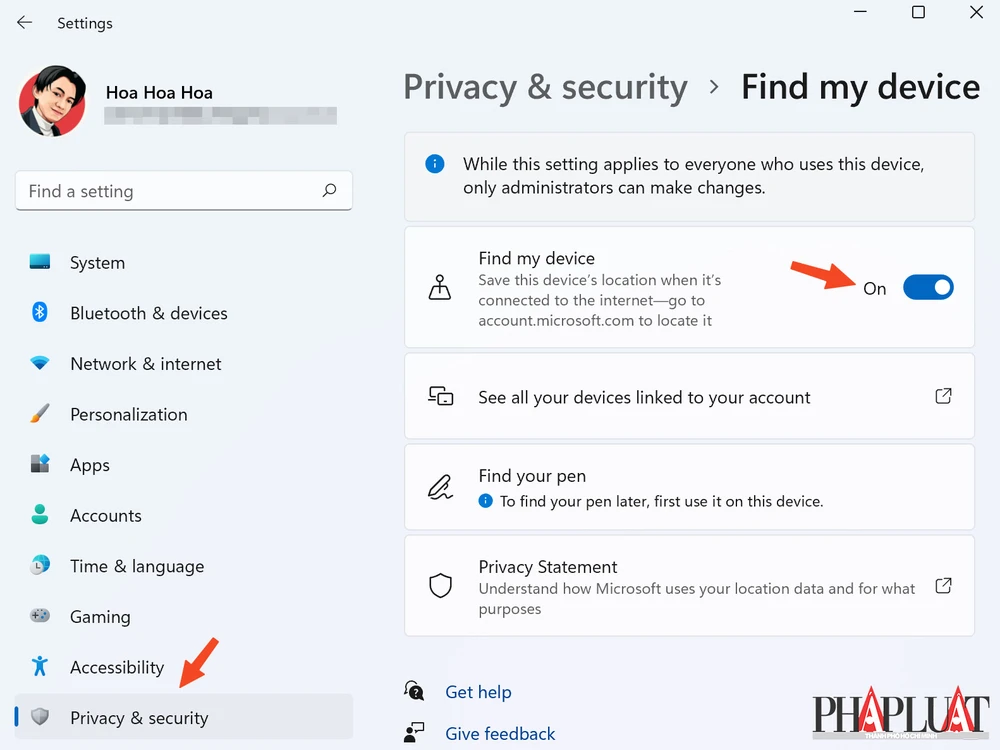 Bật tính năng Find my device trên máy tính Windows. Ảnh: TIỂU MINH