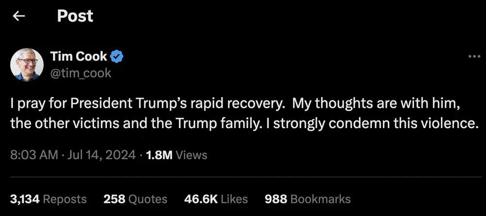 Tin công nghệ 14-7: Tim Cook cầu nguyện cho ông Trump mau chóng bình phục. Ảnh chụp màn hình
