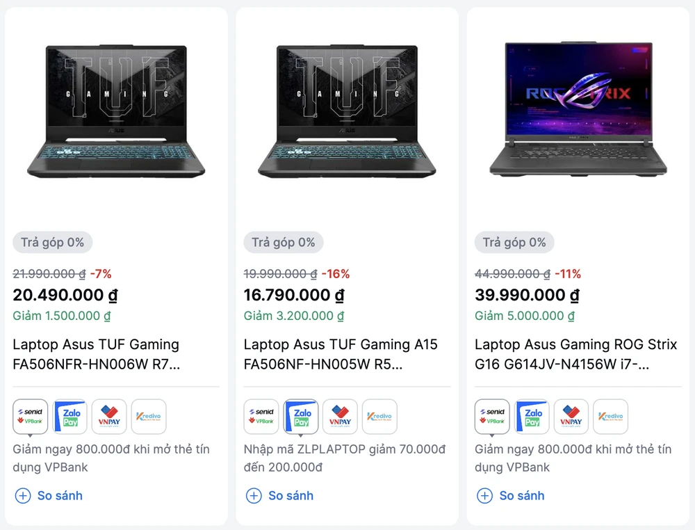 Nhiều mẫu laptop giảm giá mùa tựu trường. Ảnh chụp màn hình