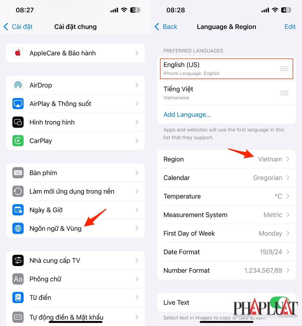 Cách thay đổi ngôn ngữ và vùng trên iPhone. Ảnh: MINH HOÀNG