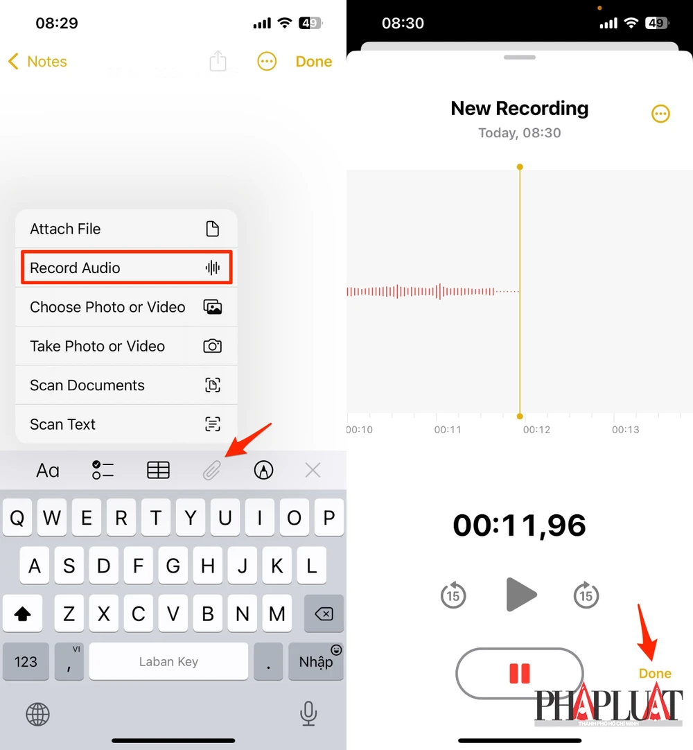 Ghi âm giọng nói trên iPhone. Ảnh: MINH HOÀNG