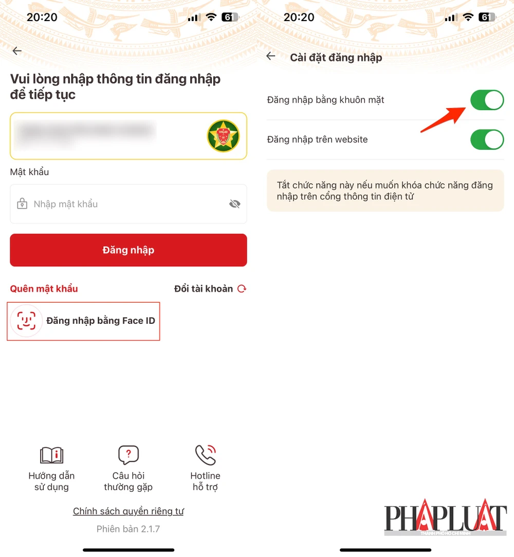 Đăng nhập VNeID bằng khuôn mặt hoặc vân tay giúp bảo mật tốt hơn. Ảnh: MINH HOÀNG