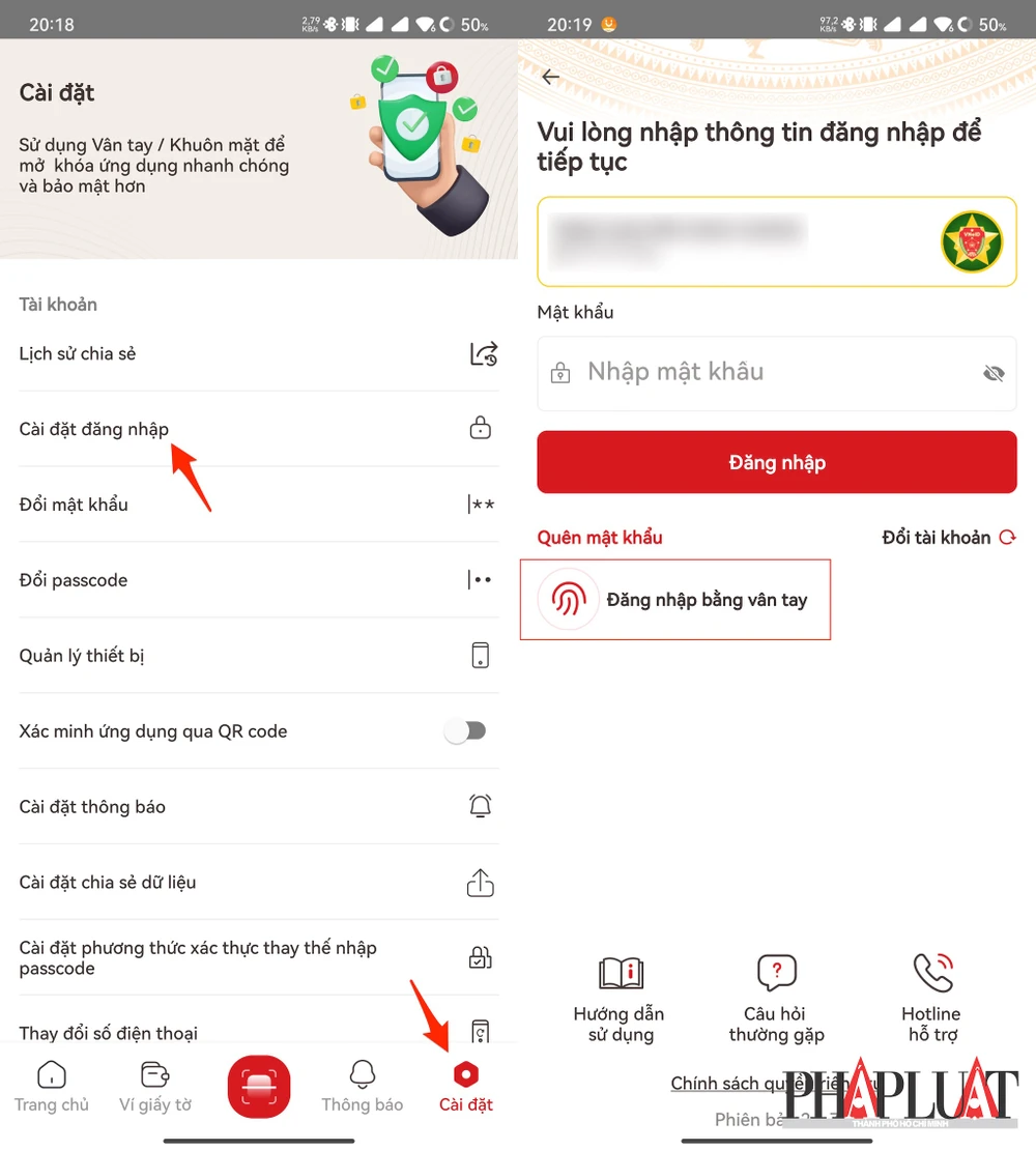 Đăng nhập ứng dụng VNeID bằng khuôn mặt hoặc vân tay tùy vào thiết bị bạn đang sử dụng. Ảnh: MINH HOÀNG