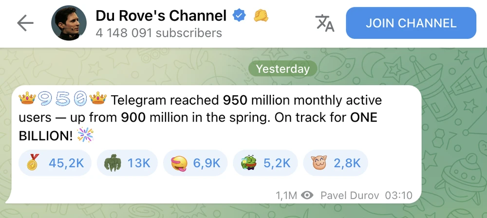 CEO Pavel Durov thông báo ứng dụng Telegram đã đạt 950 triệu người dùng hàng tháng. Ảnh chụp màn hình