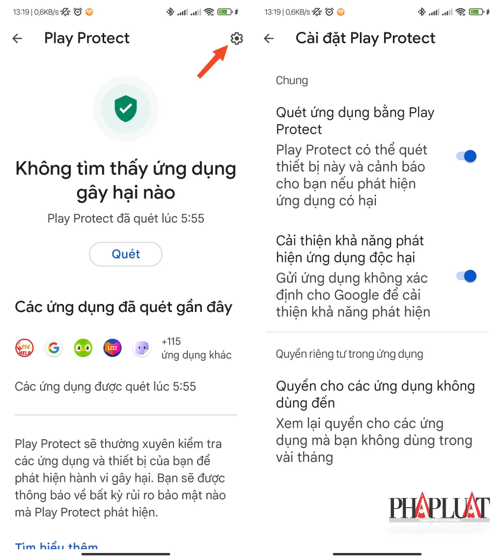 Bật tính năng Play Protect trên điện thoại Android để hạn chế bị nhiễm phần mềm gián điệp. Ảnh: TIỂU MINH
