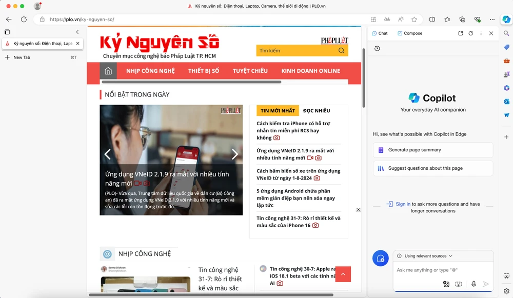 Trình duyệt AI Microsoft Edge được tích hợp công cụ Copilot. Ảnh: MINH HOÀNG