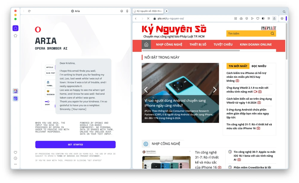 Trình duyệt AI Opera với công cụ AI Aria. Ảnh: MINH HOÀNG