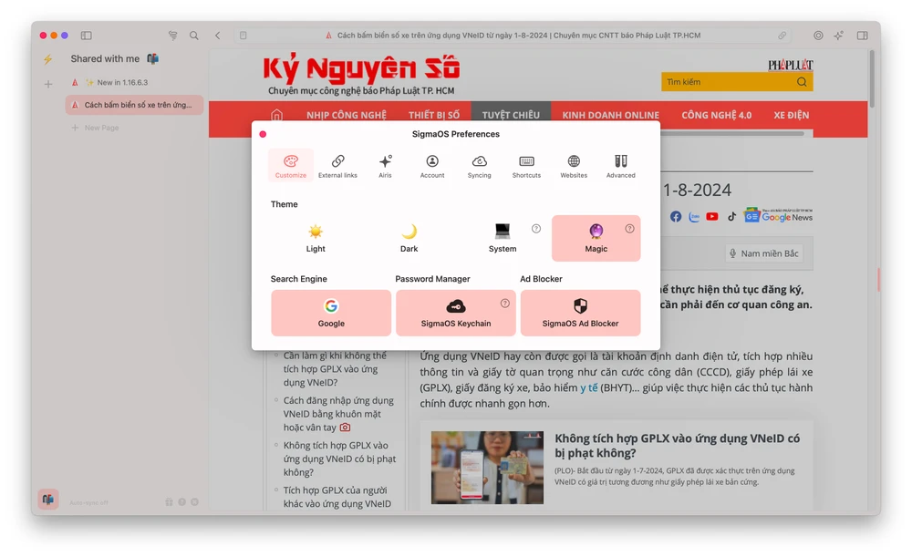 Trình duyệt AI SigmaOS với công cụ AI Airis. Ảnh: MINH HOÀNG