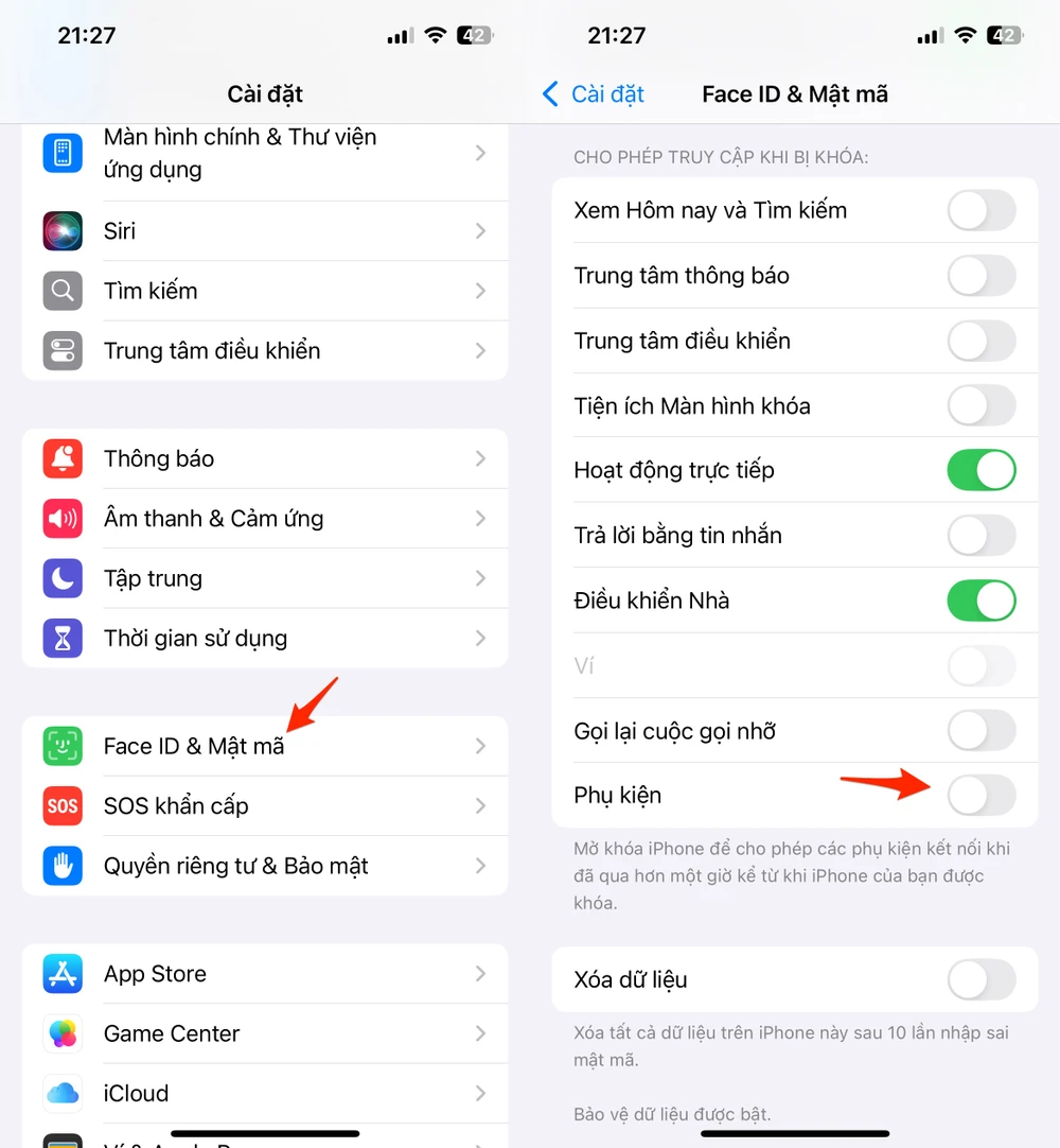 Tắt tùy chọn Accessories (phụ kiện) trên iPhone để an toàn hơn khi cắm sạc ở nơi công cộng. Ảnh: TIỂU MINH