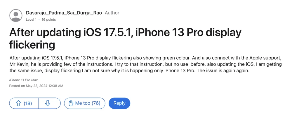 Người dùng báo cáo sự cố màn hình sau khi cập nhật iOS 17.5.1. Ảnh chụp màn hình