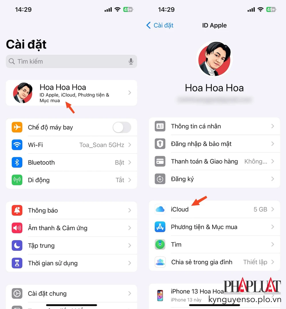 Truy cập vào phần cài đặt tài khoản iCloud trên iPhone. Ảnh: MINH HOÀNG