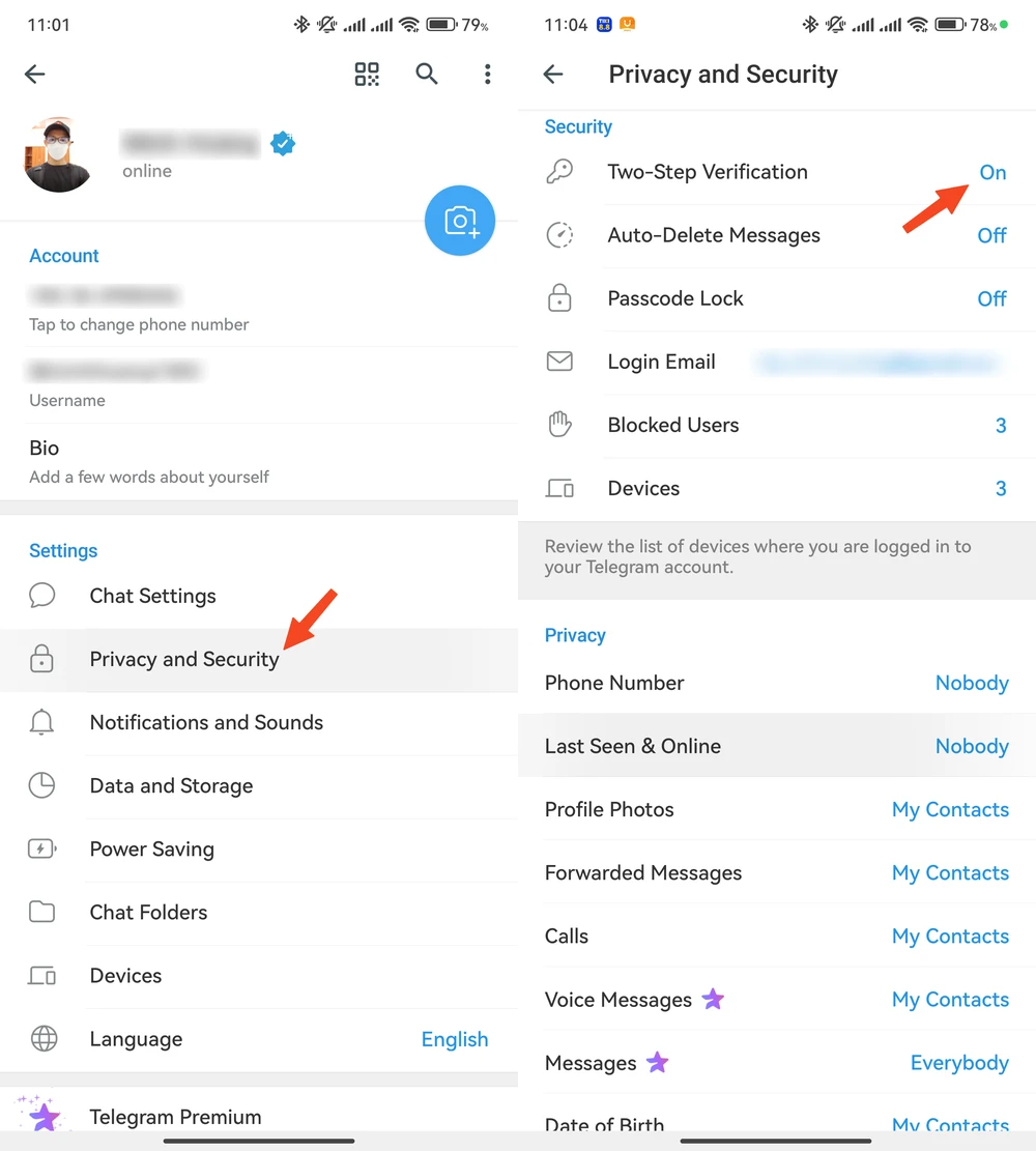 Bật tính năng xác thực 2 lớp để bảo vệ tài khoản Telegram tốt hơn. Ảnh: TIỂU MINH