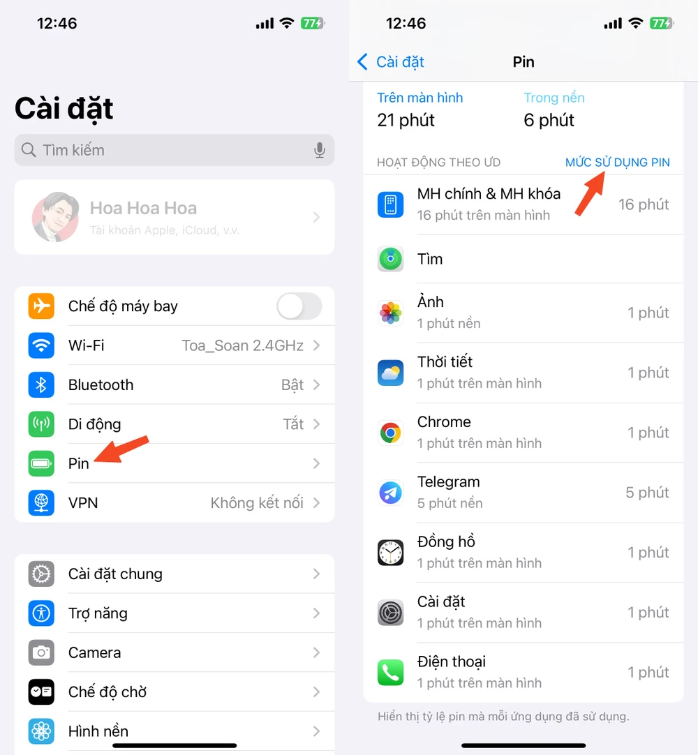 Cách kiểm tra các ứng dụng hao pin trên iPhone. Ảnh: MINH HOÀNG