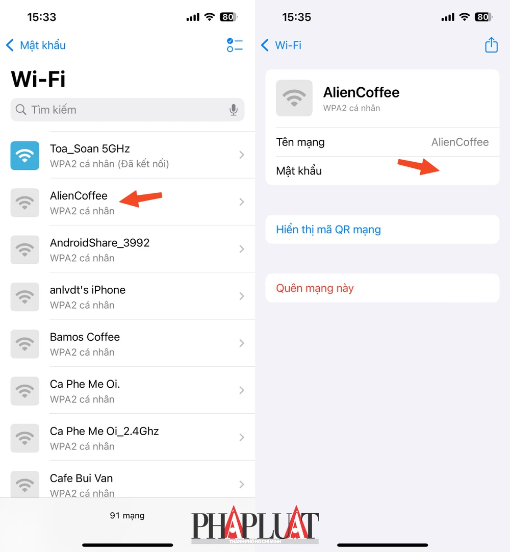 Cách xem lại toàn bộ mật khẩu WiFi trên iOS 18. Ảnh: MINH HOÀNG
