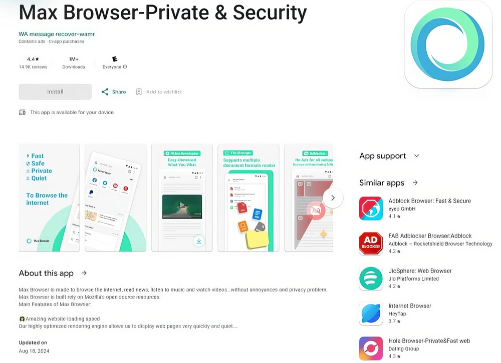 Ứng dụng Max Browser bị nhiễm phần mềm độc hại Necro. Ảnh: Kaspersky