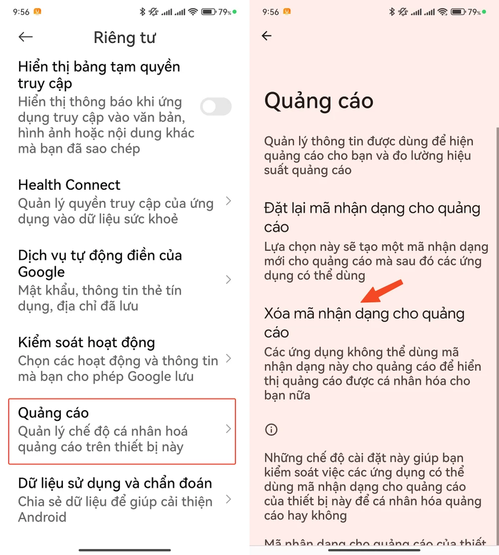 Xóa ID quảng cáo trên điện thoại Android. Ảnh: MINH HOÀNG