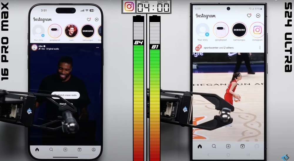PhoneBuff kiểm tra thời lượng pin của iPhone 16 Pro Max và Samsung Galaxy S24 Ultra bằng cánh tay robot. Ảnh chụp màn hình
