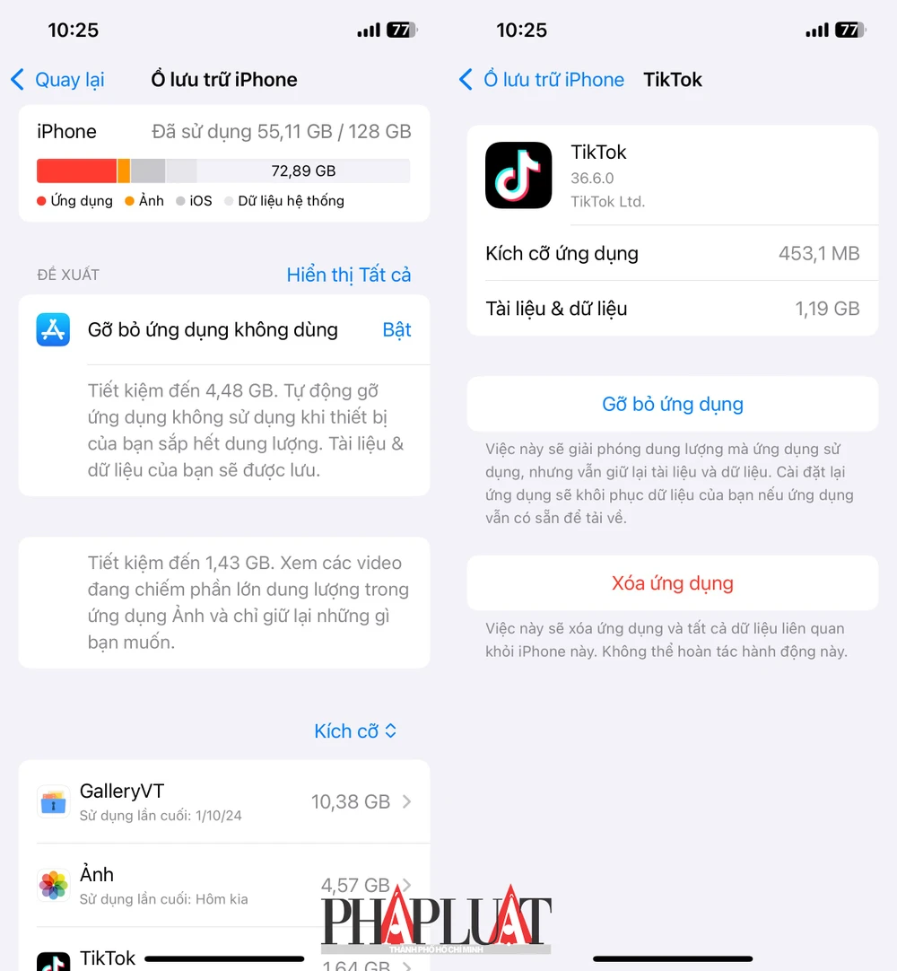 Xóa bớt các ứng dụng không sử dụng để lấy lại không gian cập nhật iOS 18. Ảnh: TIỂU MINH