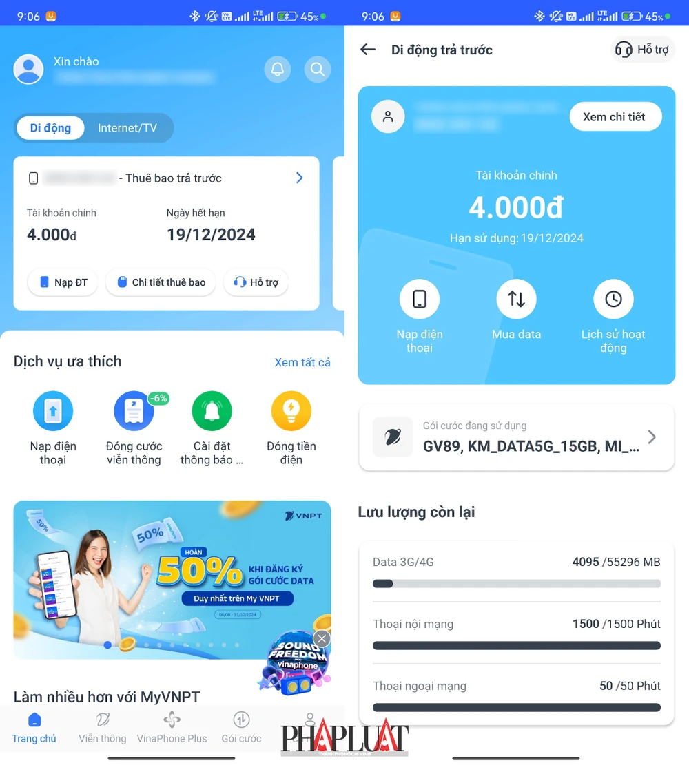 Cách kiểm tra dung lượng 5G VinaPhone còn lại trên ứng dụng My VNPT. Ảnh: MINH HOÀNG